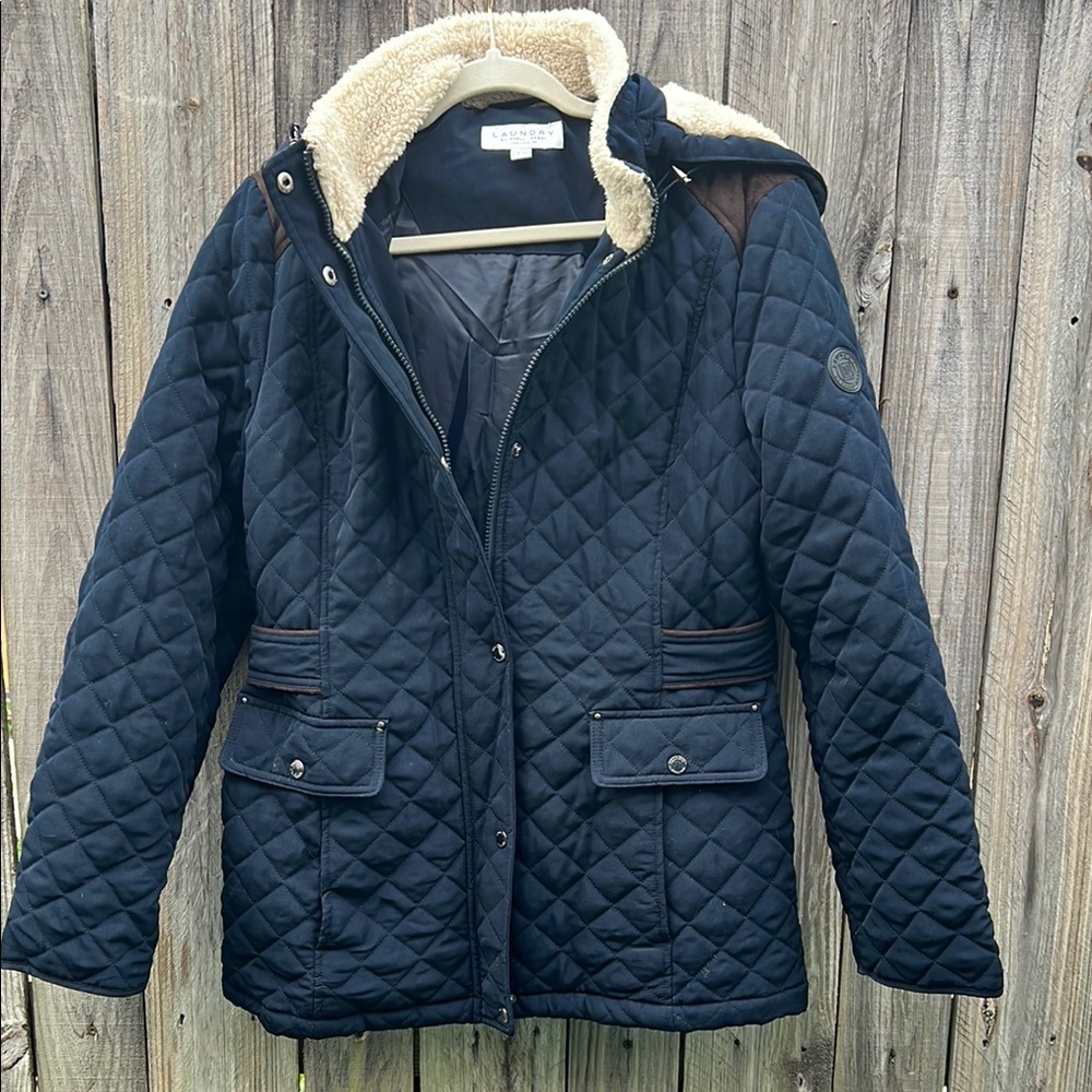 Navy Quilted Jacket with Faux Fur Collar